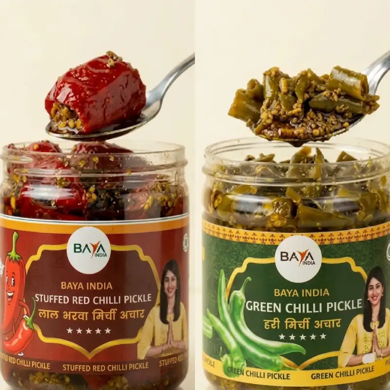 Lal Mirchi Bharwa & Green Chilli Pickle Combo Each 250g