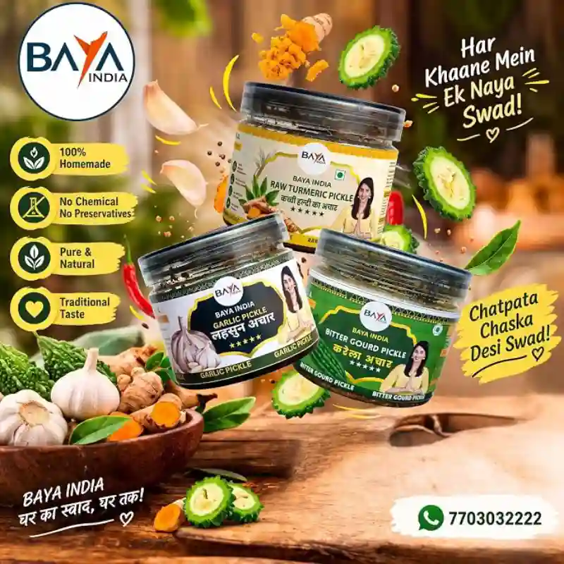 Baya India Healthy Trio Pickle Combo (750g) | Kacchi Handi, Karela & Garlic (Lehsun) Pickle | 250g Each | Traditional Homemade Taste | No Artificial Preservatives
