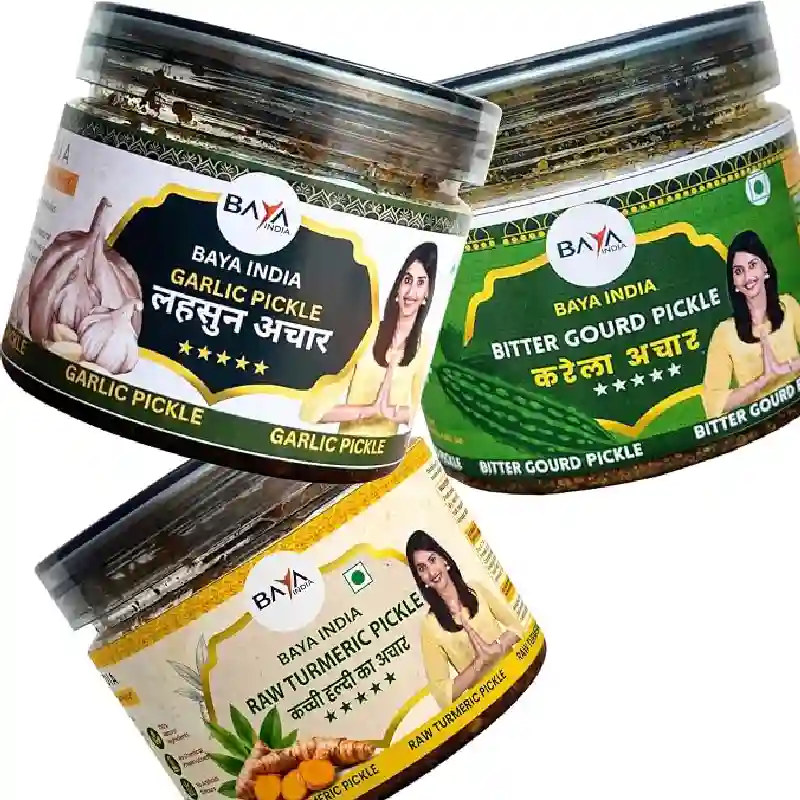 Baya India Healthy Trio Pickle Combo (750g) | Kacchi Handi, Karela & Garlic (Lehsun) Pickle | 250g Each | Traditional Homemade Taste | No Artificial Preservatives