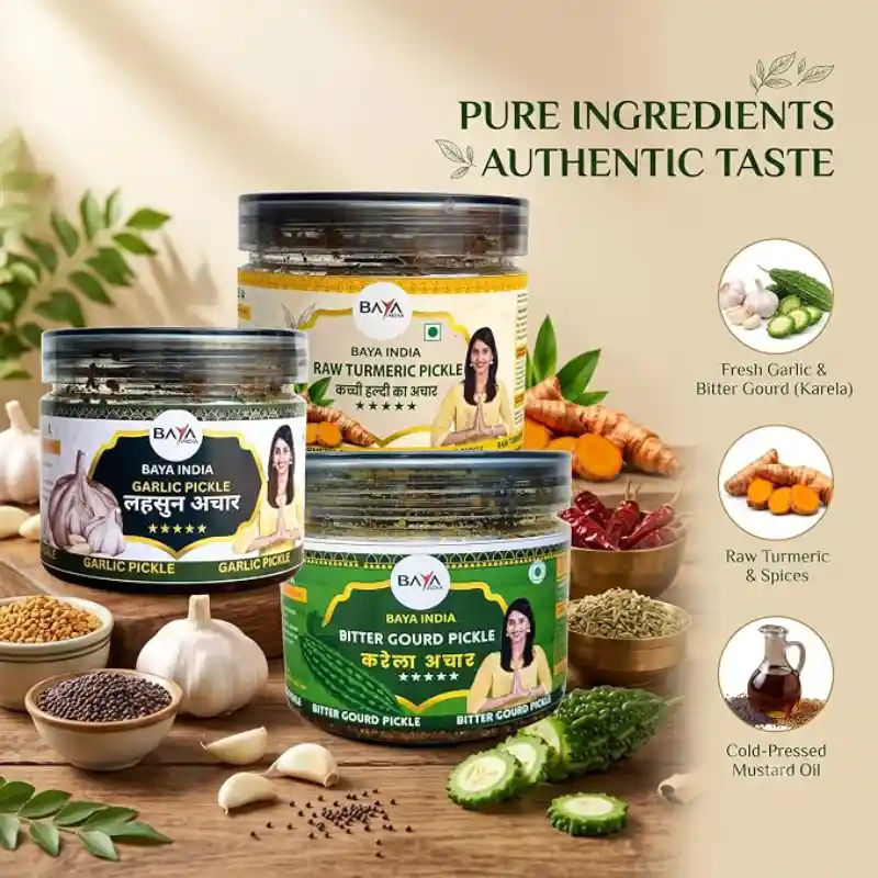Baya India Healthy Trio Pickle Combo (750g) | Kacchi Handi, Karela & Garlic (Lehsun) Pickle | 250g Each | Traditional Homemade Taste | No Artificial Preservatives - Image 4