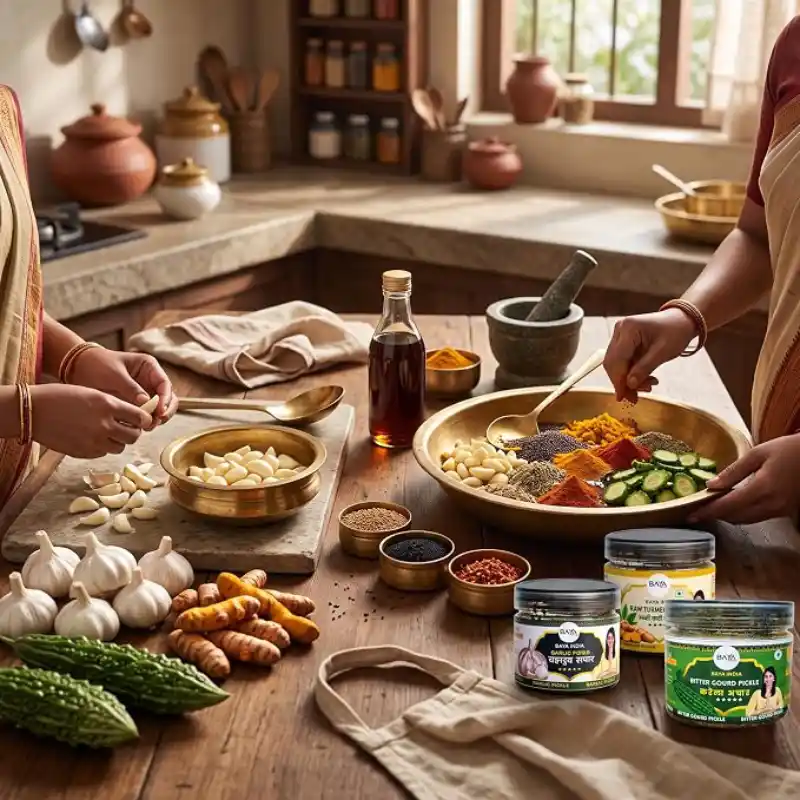 Baya India Healthy Trio Pickle Combo (750g) | Kacchi Handi, Karela & Garlic (Lehsun) Pickle | 250g Each | Traditional Homemade Taste | No Artificial Preservatives - Image 5