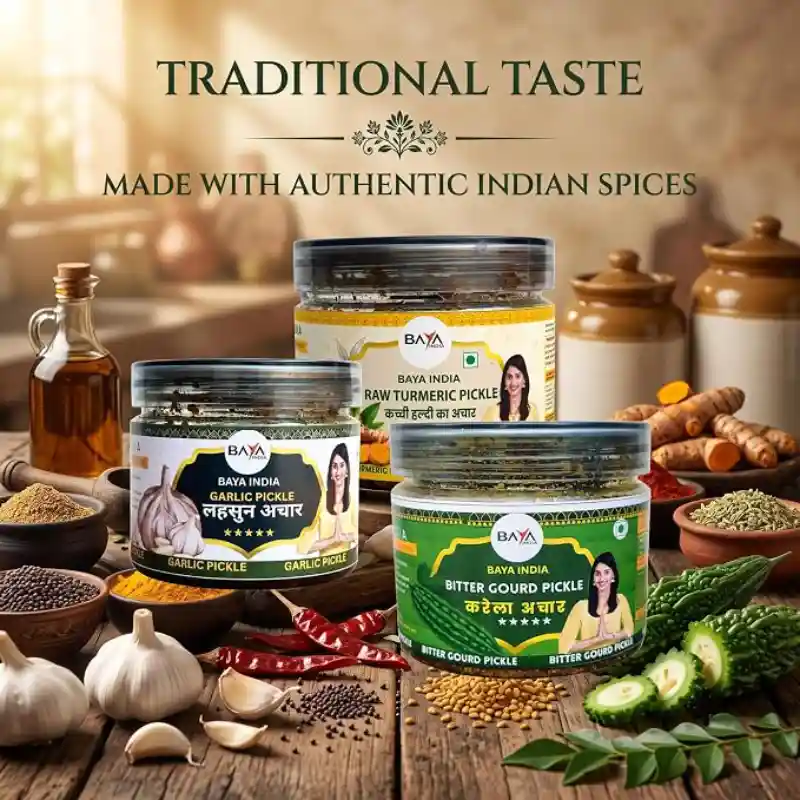 Baya India Healthy Trio Pickle Combo (750g) | Kacchi Handi, Karela & Garlic (Lehsun) Pickle | 250g Each | Traditional Homemade Taste | No Artificial Preservatives - Image 3